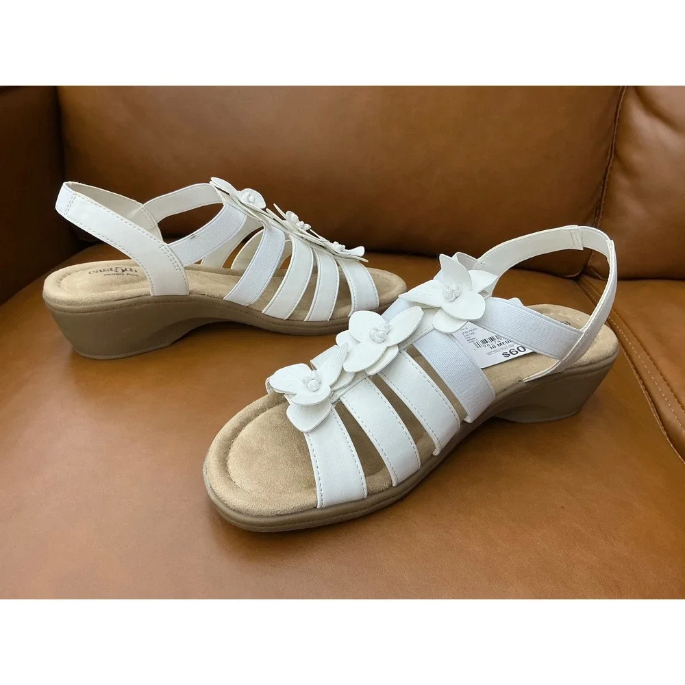 East 5th Ister Wedge Sandals Women 10 White New Floral Memory Foam Strappy